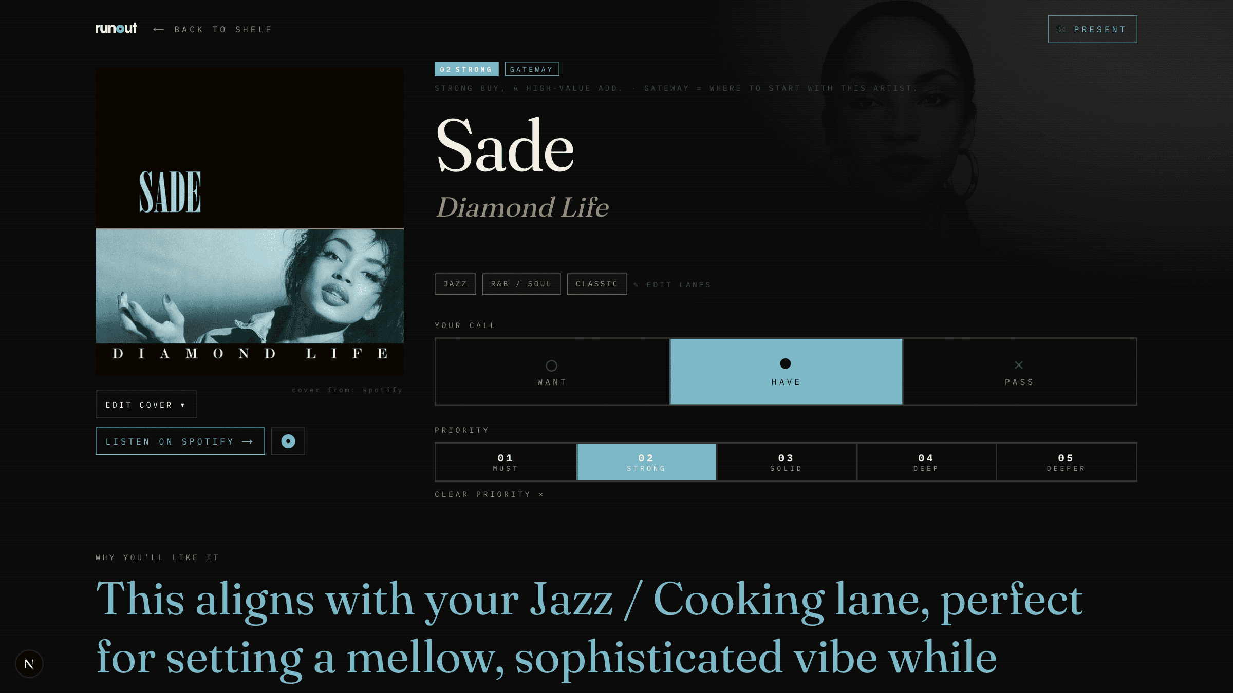 Album page, Sade, Diamond Life: status, priority, lanes, listen link, editorial copy