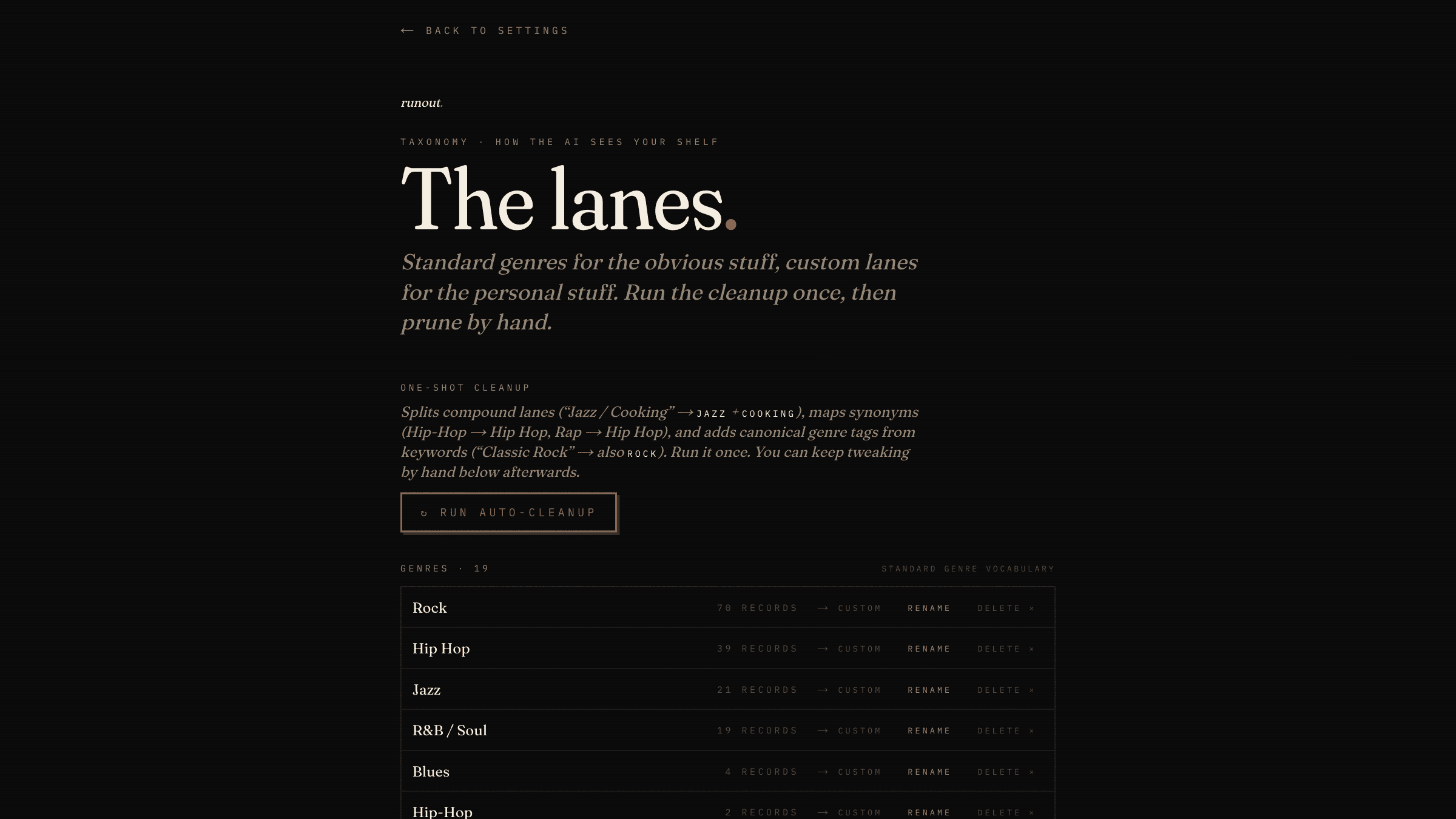 Manage lanes, auto-cleanup up top, genres and customs below