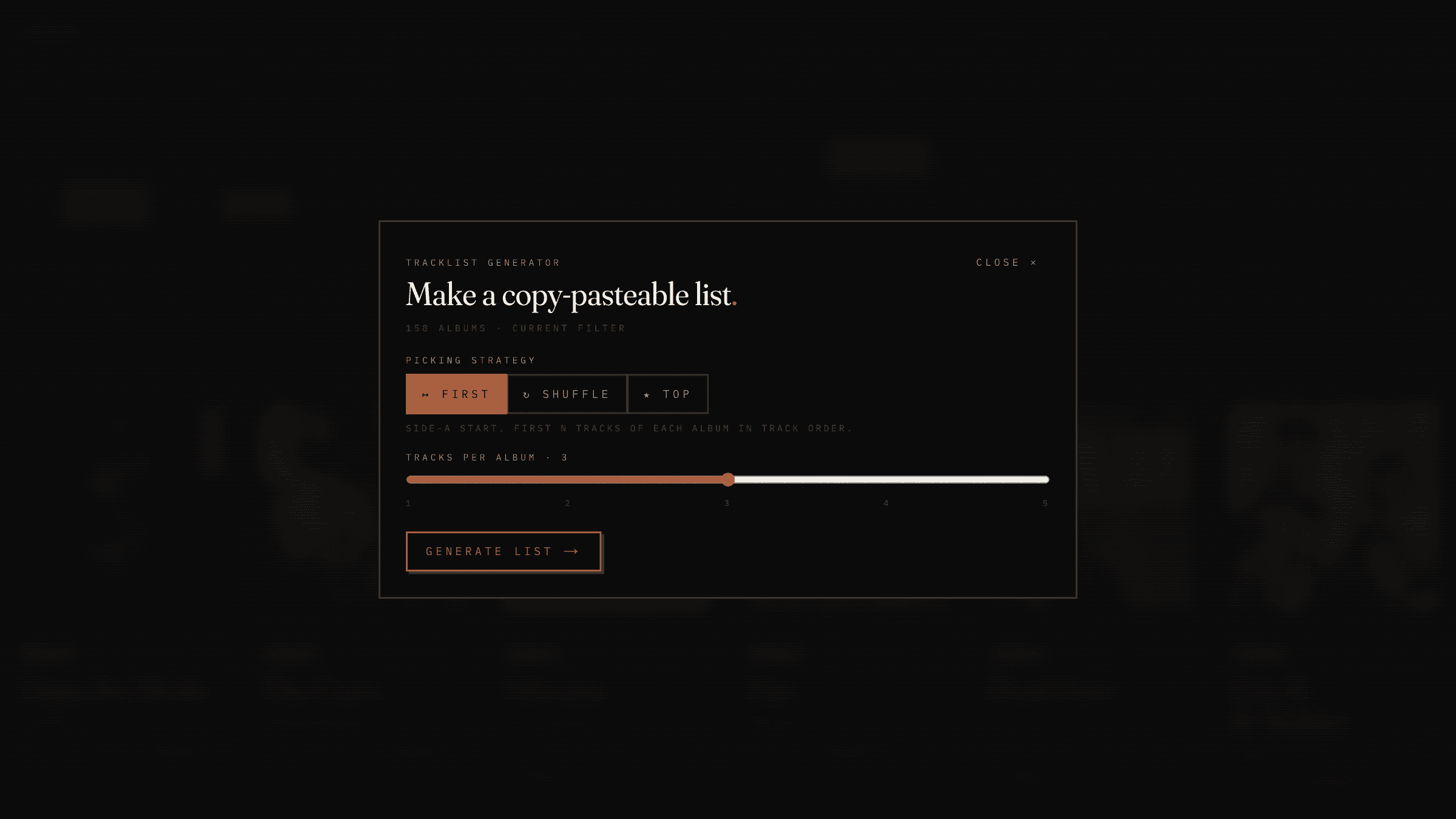 Make a list, picking strategy + tracks-per-album slider