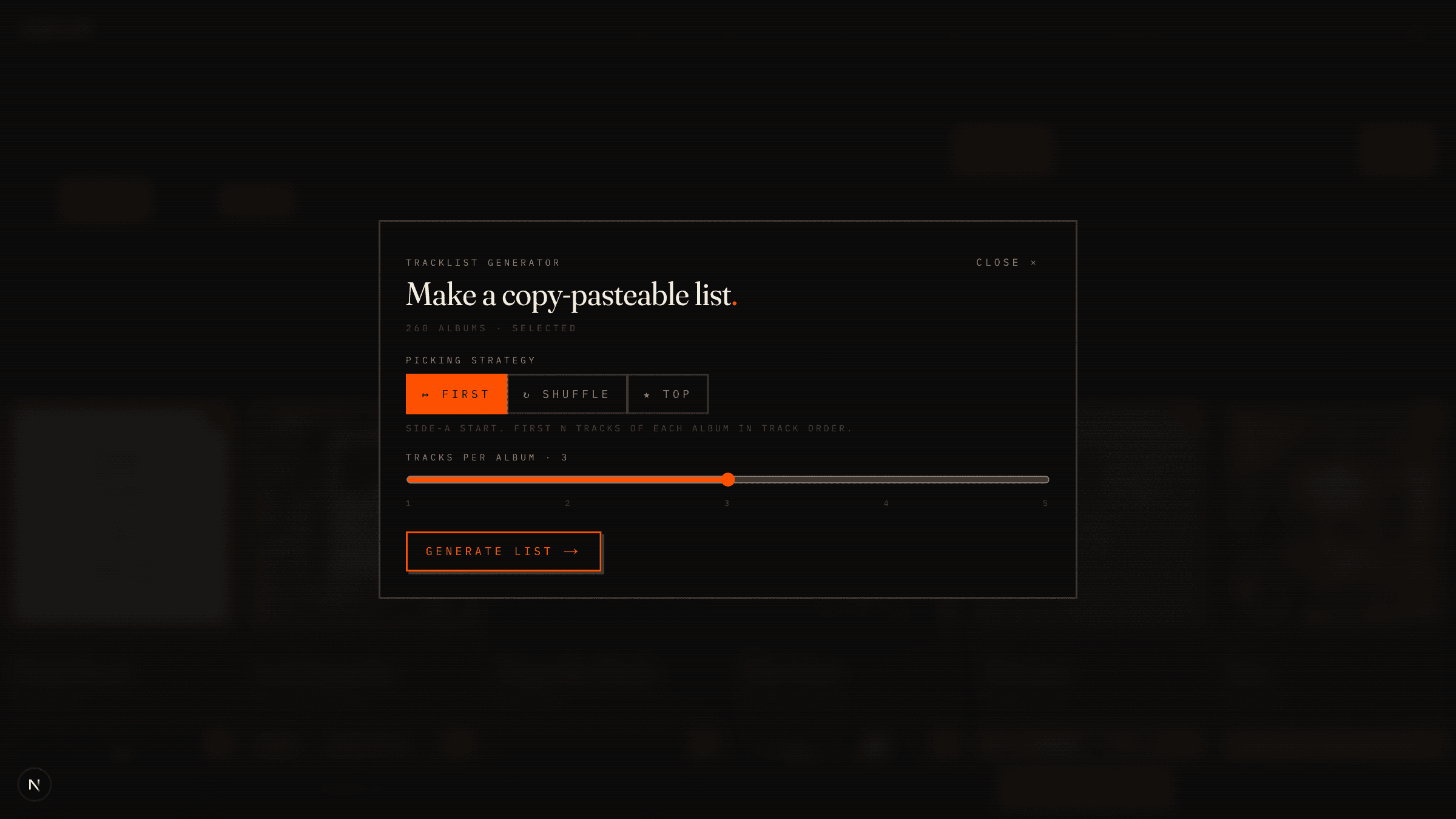 Make a list, picking strategy + tracks-per-album slider