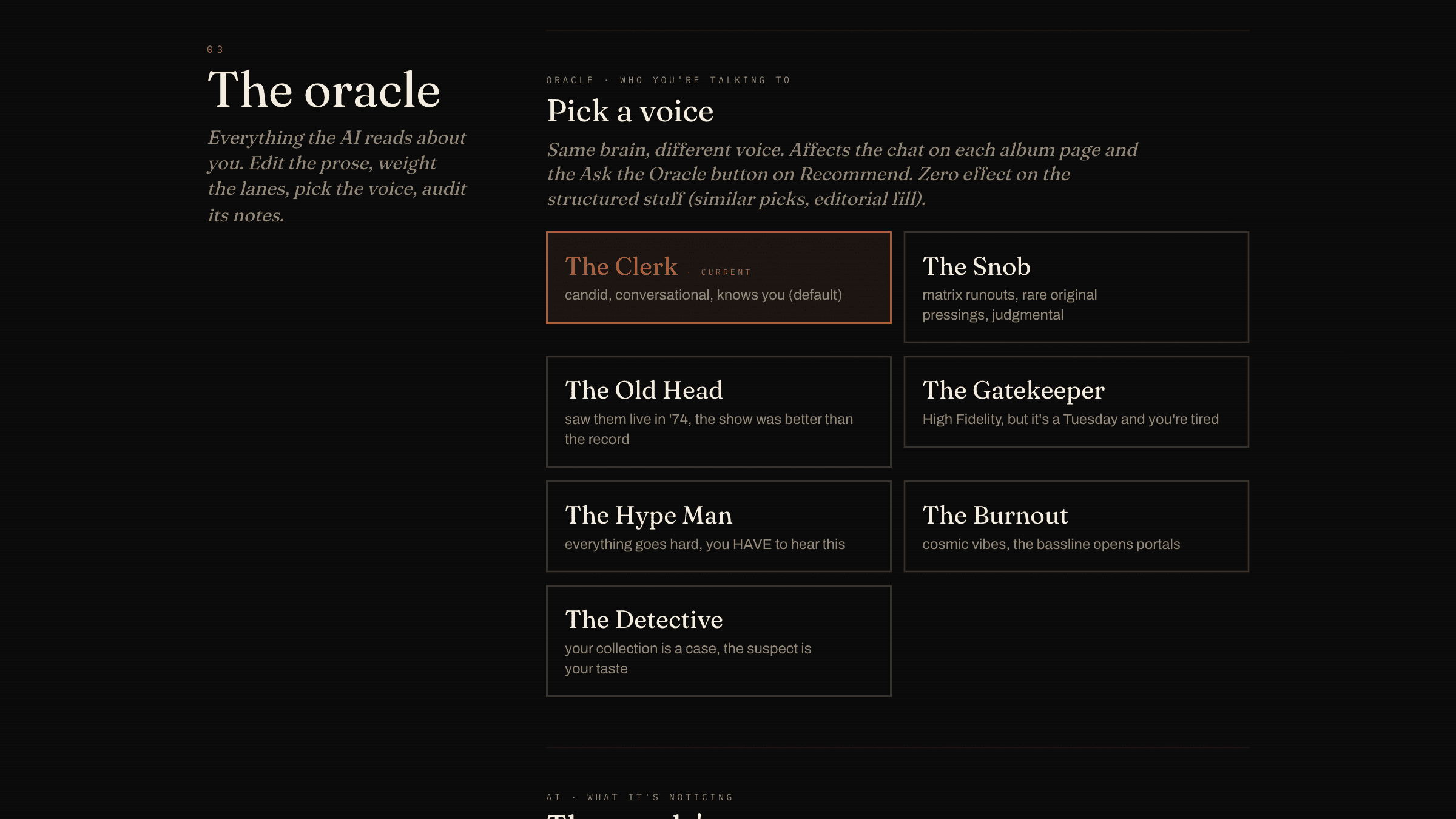 The persona picker, seven voices for the Oracle