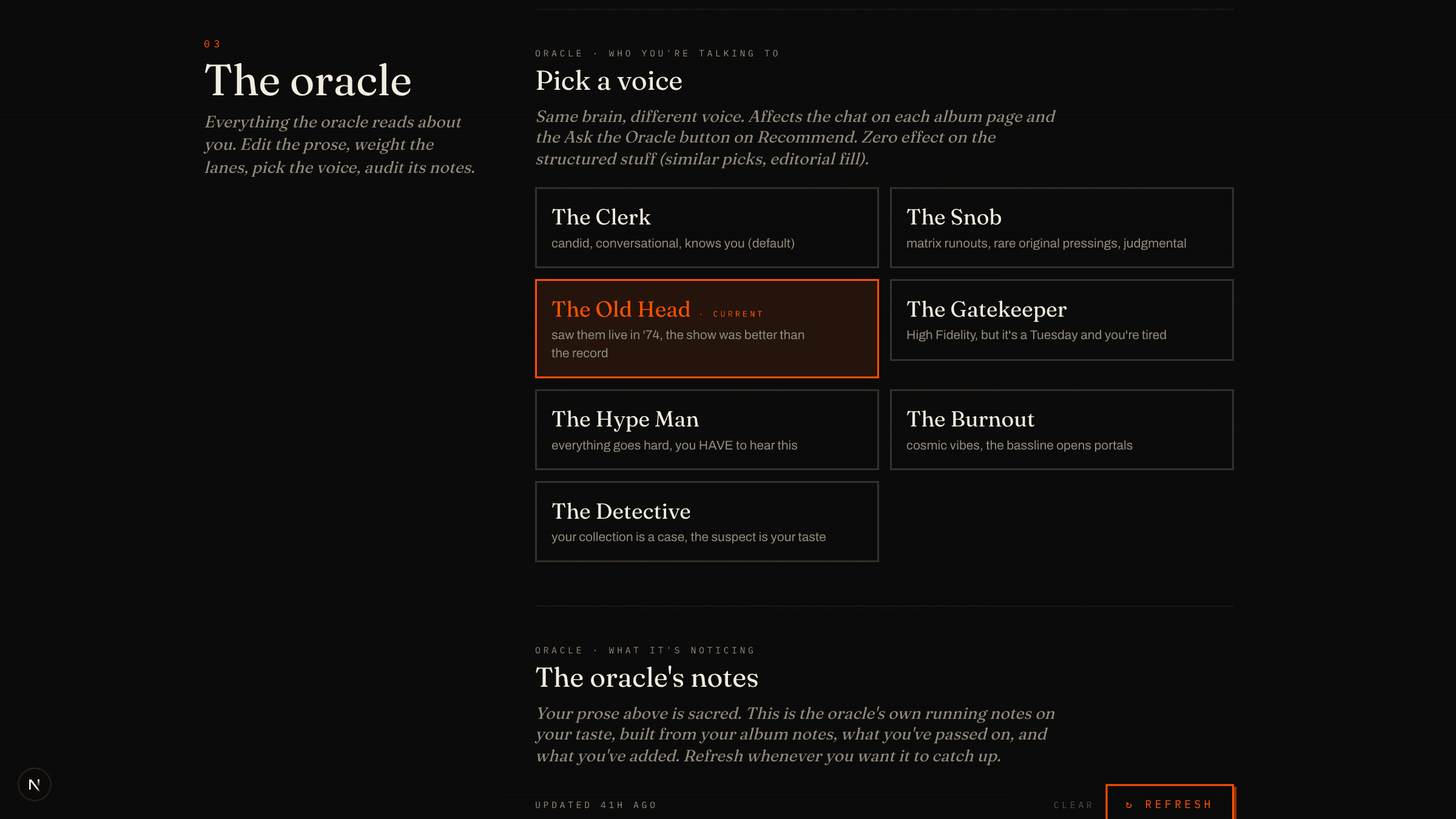 The persona picker, seven voices for the Oracle