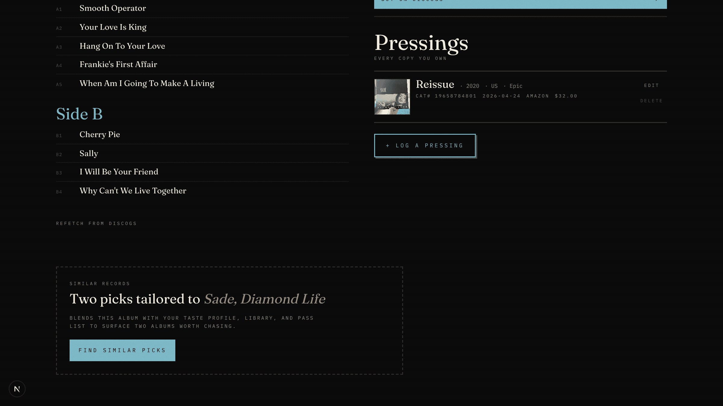 Tracks + Pressings side by side, a logged reissue with photo, price paid, and buy notes