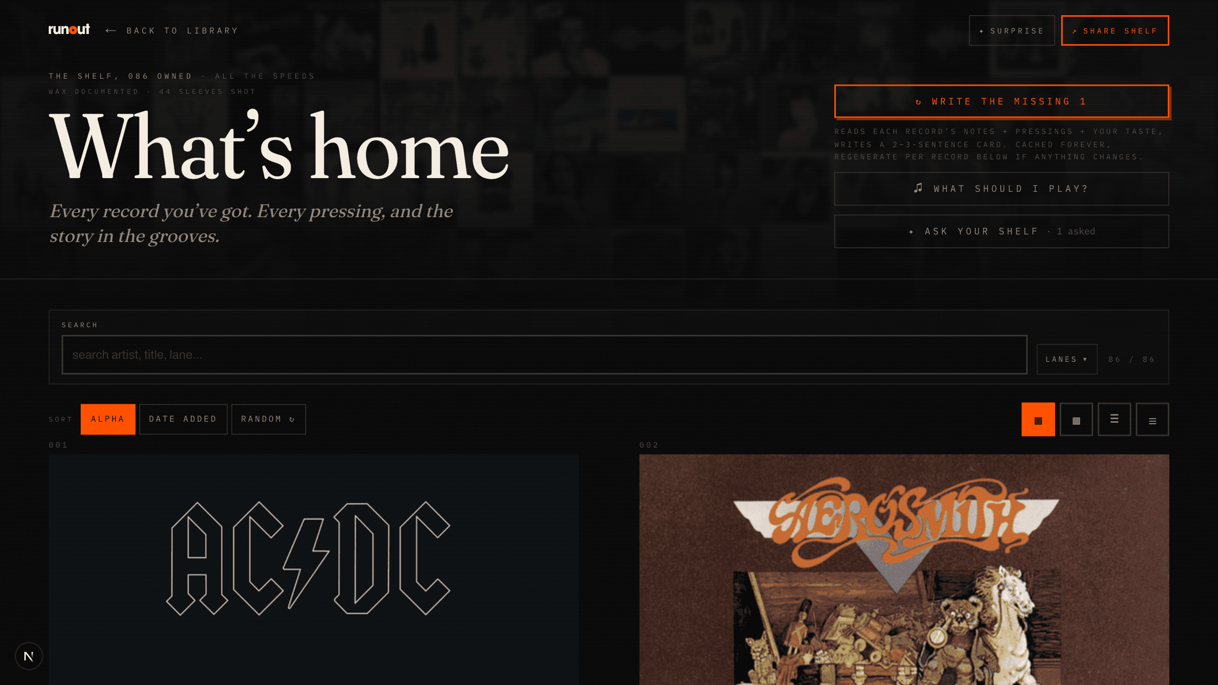 The shelf: the oracle actions stacked on the right rail, sort + view toggles above the tiles