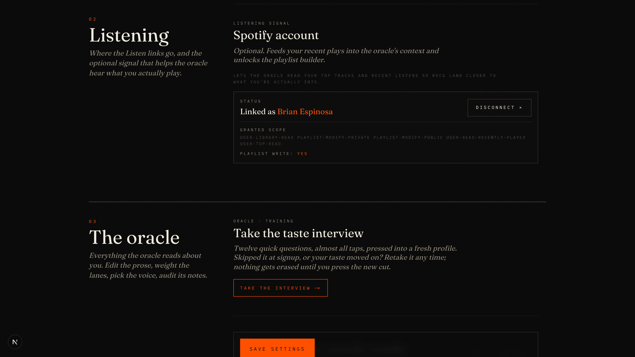 Settings → Spotify account, linked status and granted scopes