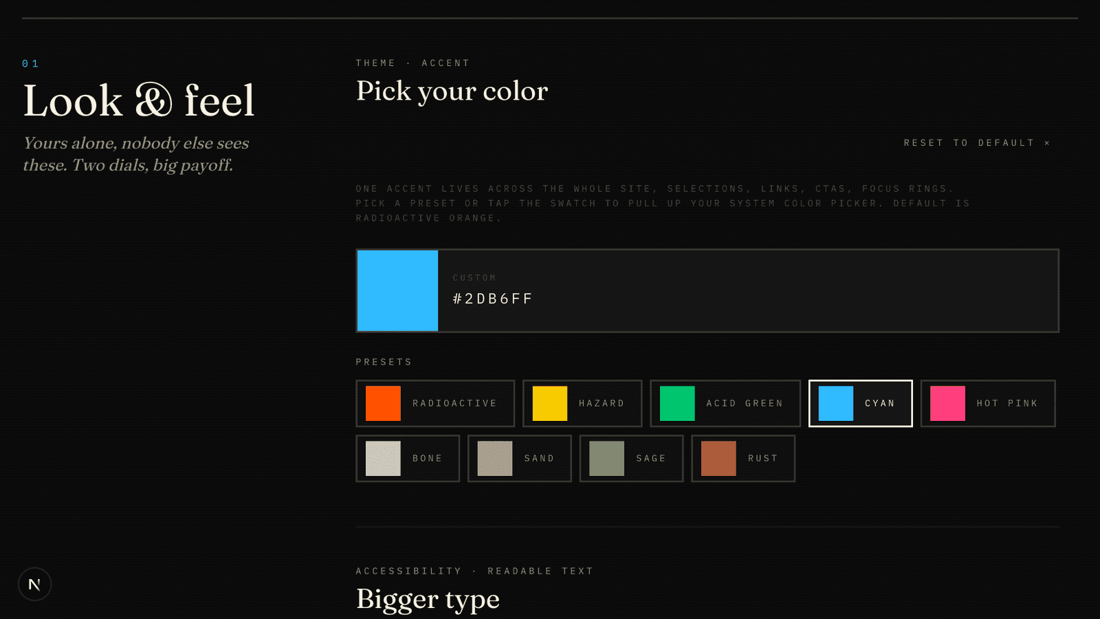 Settings, Look and feel: the accent picker running in cyan with nine presets and a custom hex field