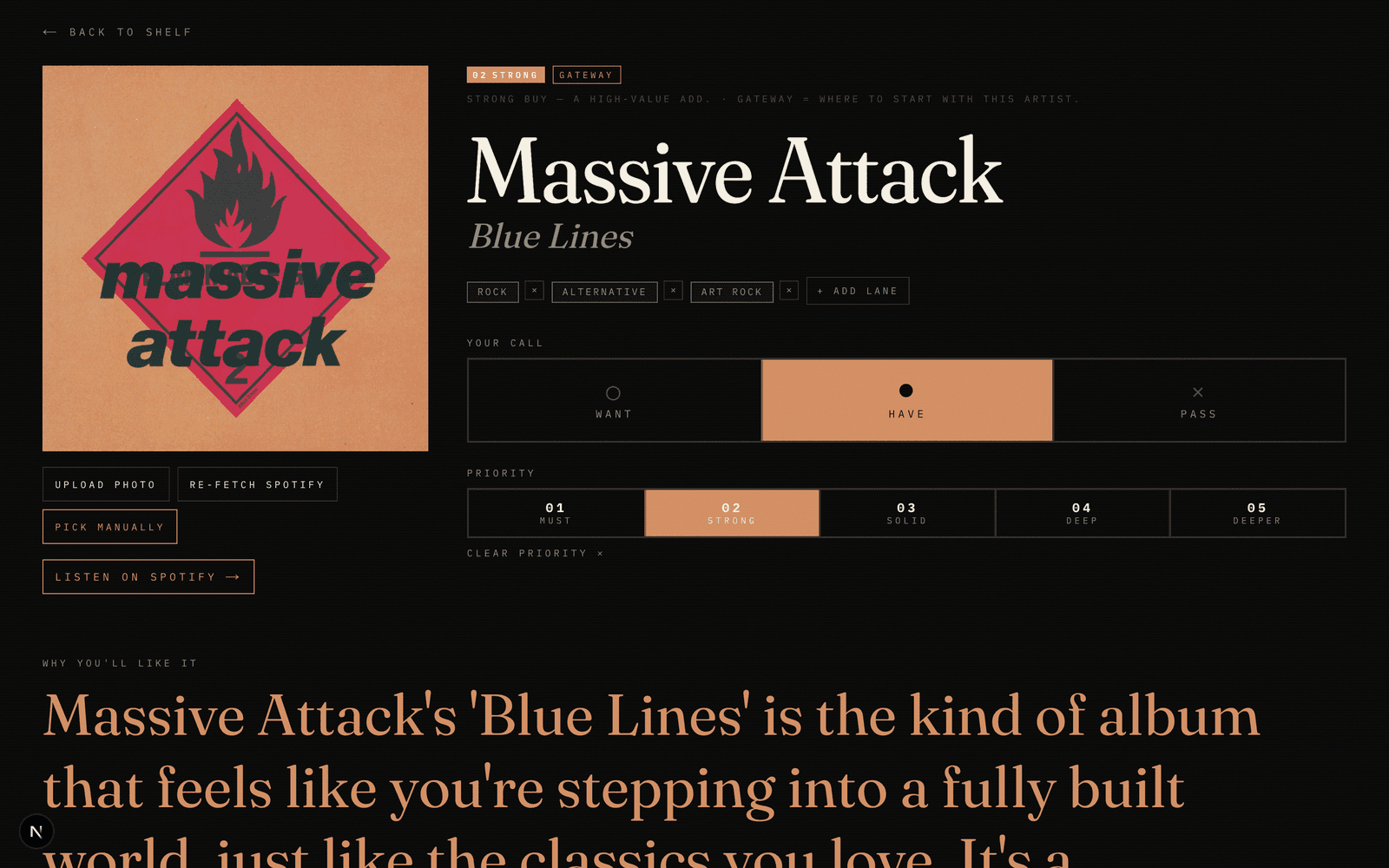 Album page for Massive Attack, Blue Lines, with verdict stamps and lanes