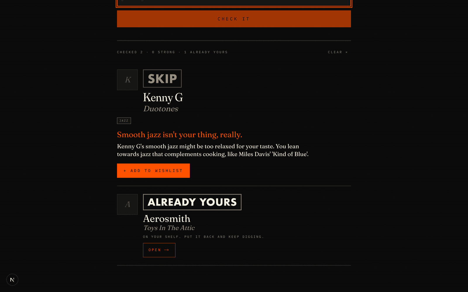 Crate Mode mid-dig: Kenny G, Duotones stamped SKIP while Aerosmith comes up ALREADY YOURS