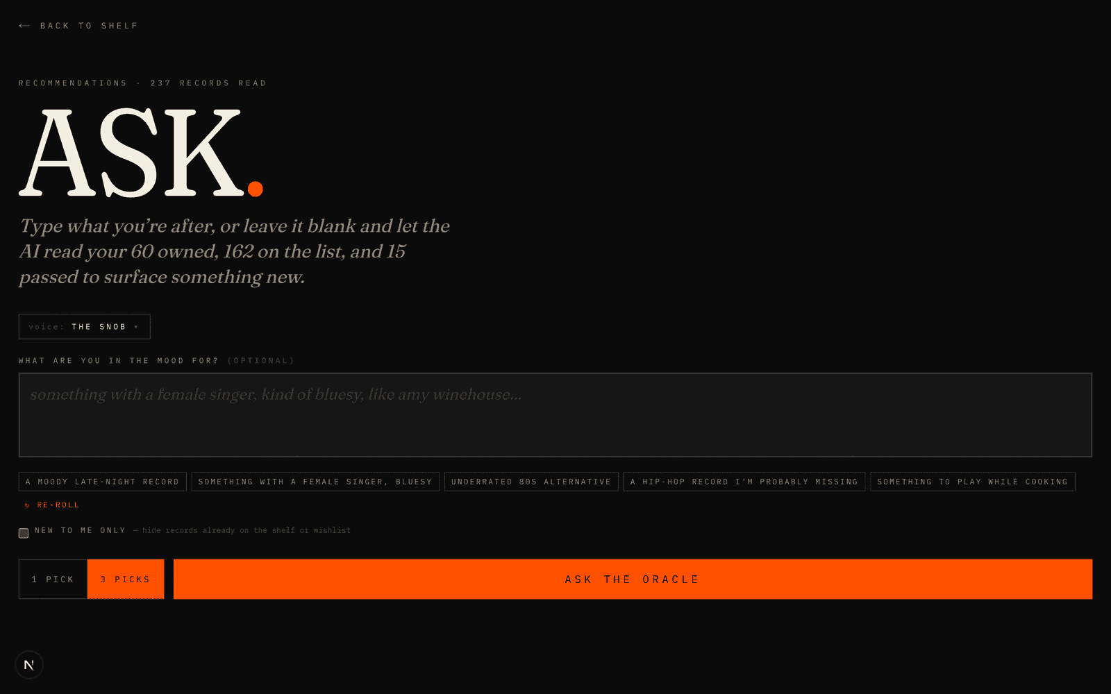 Recommendation screen with mood presets and voice picker